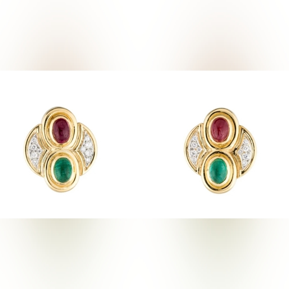 David Webb 18k Gold Plat Diamond Emerald Ruby Earrings